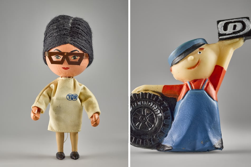 Mit Dutt und Brille: das weibliche Maskottchen des Transformatoren- und Röntgenwerkes (l.). "Reifen-Pit" (r.) machte für das Kombinat Pneumant mit seinen Werken in Dresden und Heidenau Reklame.