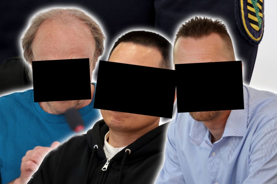 Norbert T. (68, l.), Carsten H. (48, r.) und Van N. (42, M.), der Bruder der Hauptangeklagten, sind ebenfalls angeklagt.