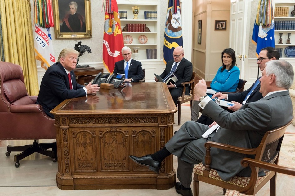 Nikki Haley in a meeting with former president Donald Trump and his national security team in the Oval Office on January 10, 2018.
