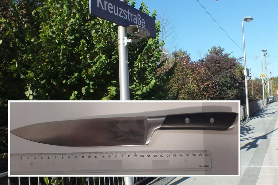 Am Haltepunkt Kreuzstraße konnten die Beamten den mit einem Messer (kleines Bild) bewaffneten Mann festnehmen.