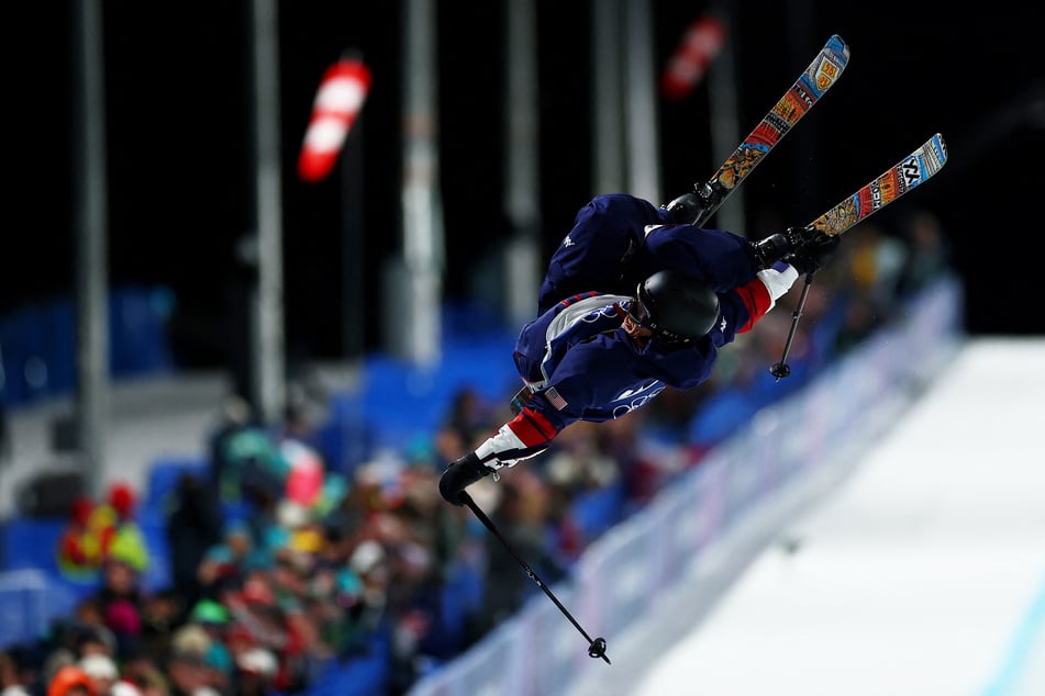 Hunter Hess in action during his third run of the Men's Freeski Halfpipe Final at the Milan Cortina Olympics on February 20, 2026.