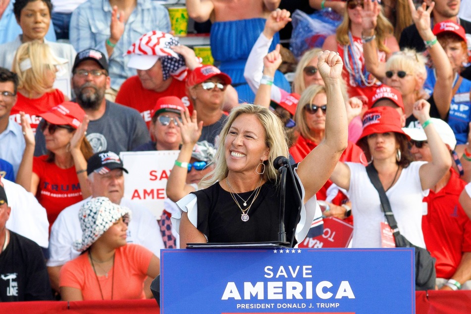 Marjorie Taylor Greene speaking during rally for former President Donald Trump in Wellington, Ohio on June 26, 2021.
