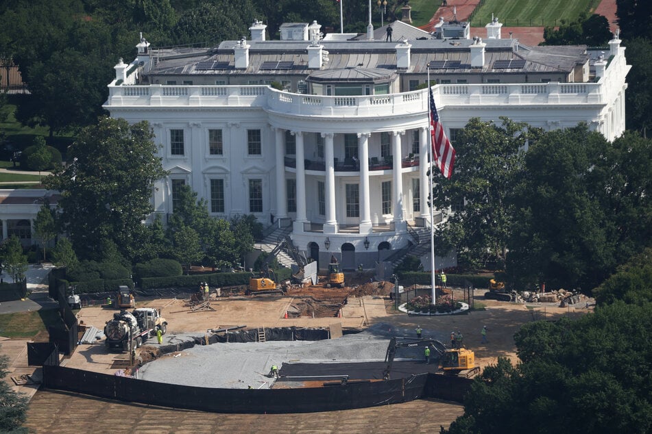 Construction of a new helipad on the South Lawn of the White House continues on July 1, 2026, in Washington, DC.
