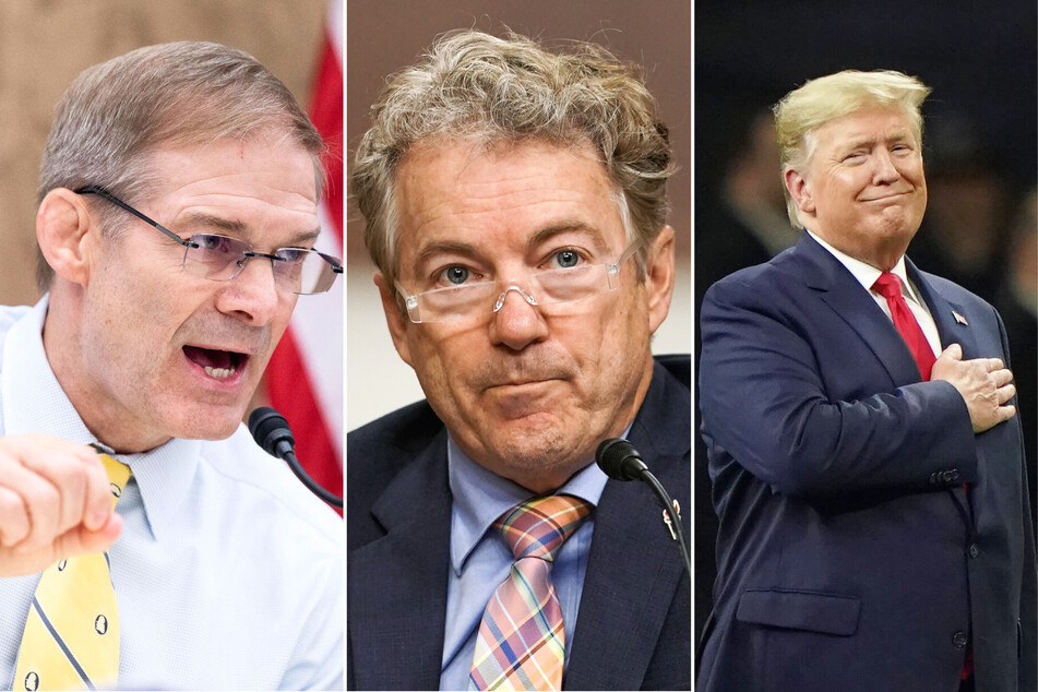 Donald Trump (r.) may soon be arrested, and some of his fellow Republicans, like Jim Jordan (l.) and Rand Paul (c.), are coming to his defense by arguing the case is nothing more than a political stunt.