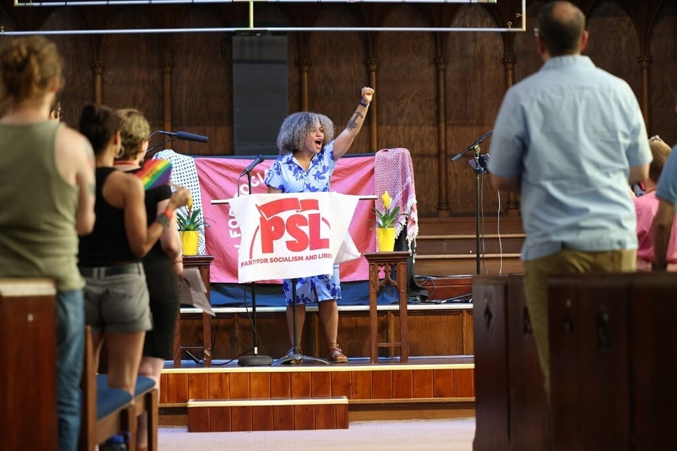 Claudia De la Cruz speaks during a town hall at ZAO MKE Church in Milwaukee, Wisconsin.