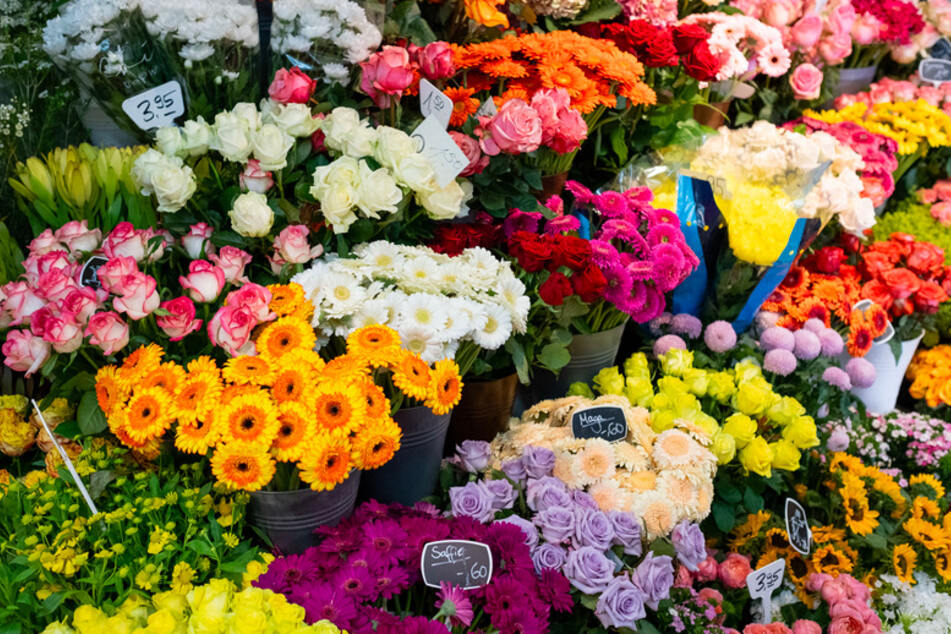 Verschieden Schnittblumen stehen vor einem Geschäft. Während Blumenläden in der Corona-Krise dicht bleiben müssen, dürfen Supermärkte weiter Sträuße verkaufen.