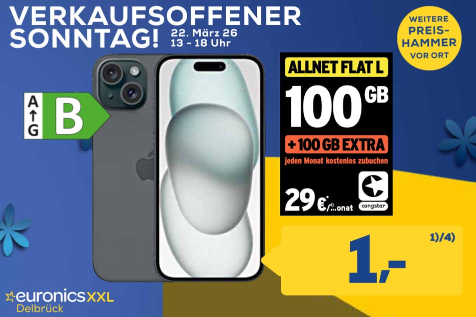 Apple iPhone 15 (128 GB)
für 1 Euro im Congstar-Vertrag "Allnet Flat L" für 29 Euro/Monat.
