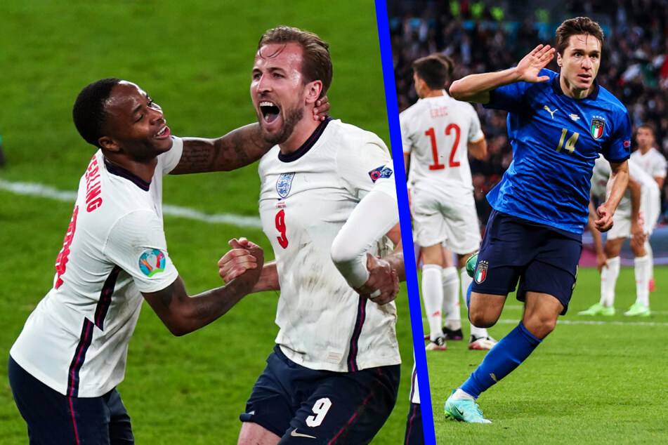 Raheem Sterling (26, l.) und Kapitän Harry Kane (27, M.) sind Englands offensive Lebensversicherung, bei Italien zeigte sich Federico Chiesa (23) zuletzt von seiner sportlich besten Seite.