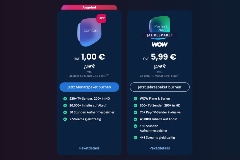 Das aktuelle waipu.tv Comfort Paket verglichen mit den Perfect-Plus Paketen.