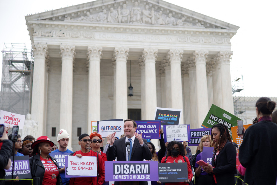 US Sen. Chris Murphy (D-CT) speaks as activists gather outside US Supreme Court for a gun-control rally on November 7, 2023 in Washington, DC.