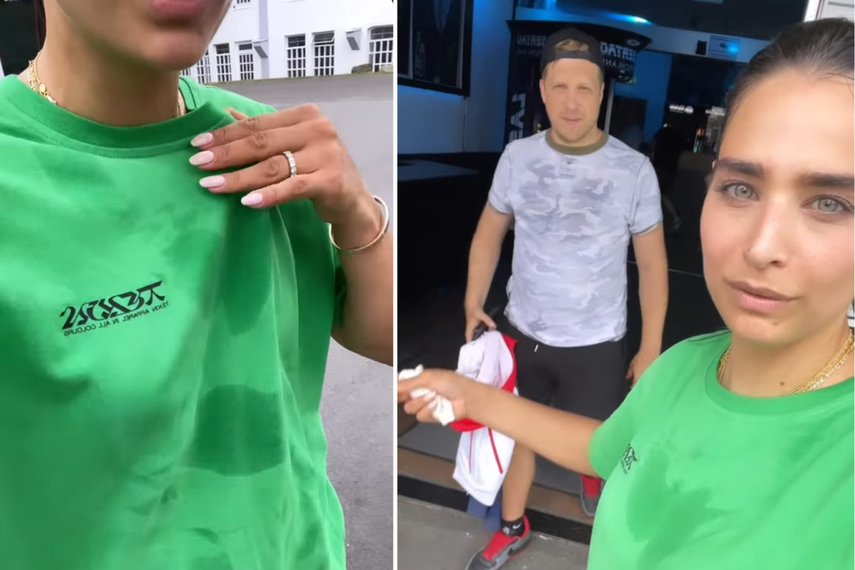 Oliver (44) und Amira Pocher (29) haben beim Lasertag mächtig geschwitzt. Aber was ist denn mit Ollis T-Shirt verkehrt?