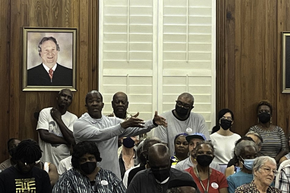 Gullah-Geechee people speak out against zoning changes that would erode protections on their historic Sapelo Island home during a McIntosh County Commission meeting in Darien, Georgia, on September 12, 2023.