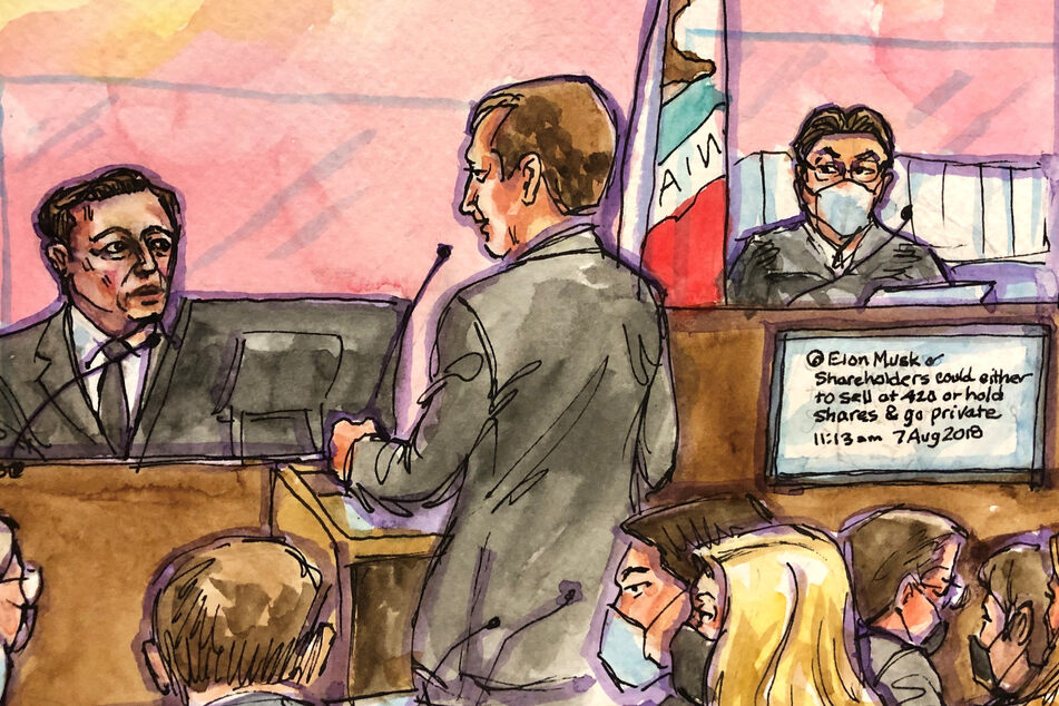A courtroom sketch of Tesla CEO Elon Musk being questioned during a lawsuit over his 2018 tweets about taking Tesla private.