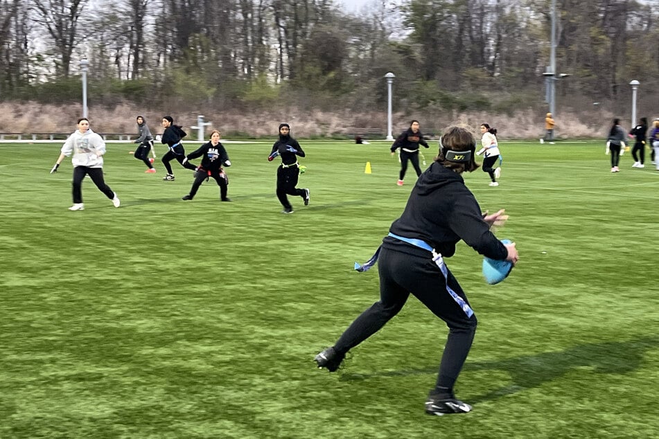 A player from the Staten Island Giants flag football club throws the ball during a practice session on April 21, 2025 on Staten Island in New York. Flag football participation has risen dramatically in the US over the last decade and will be part of the 2028 Olympics in Los Angeles.