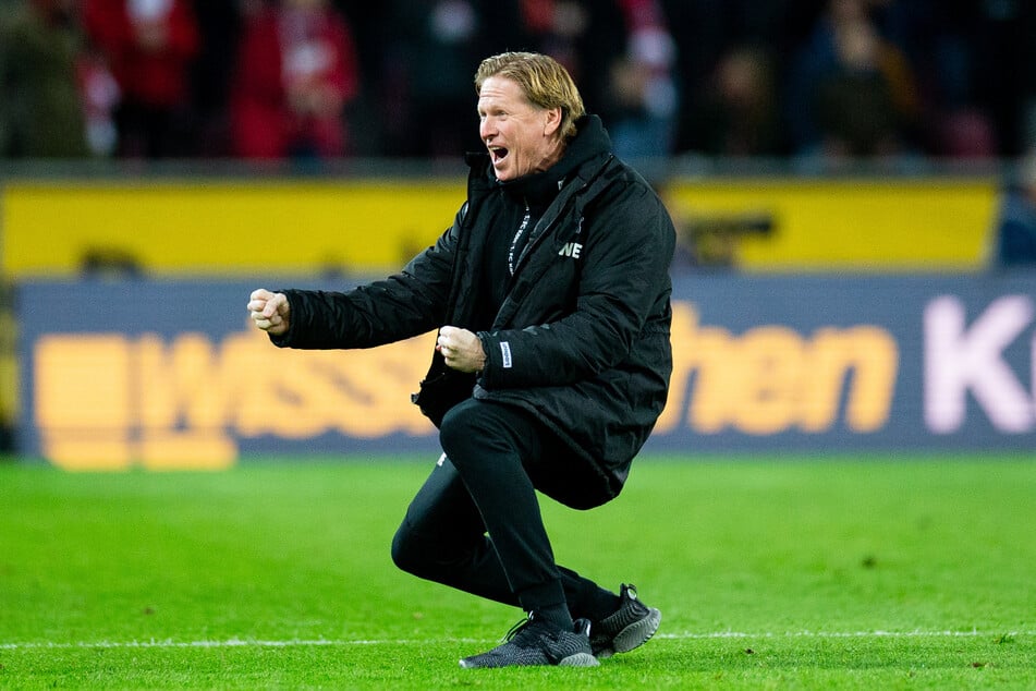 FC coach Markus Gidsol celebrates after the 3-0 win against FC Schalke 04 on February 29, 2020.