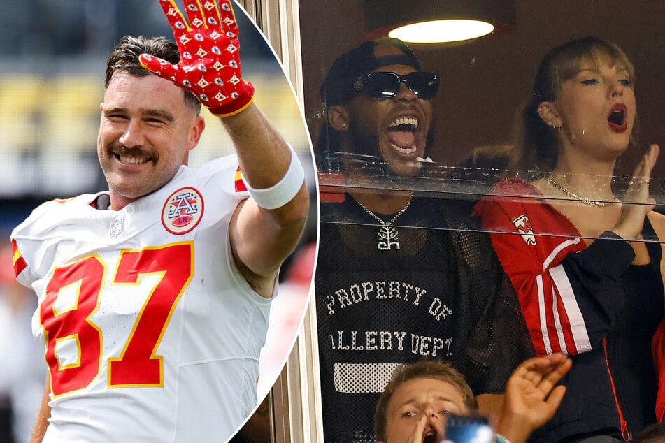 Travis Kelce's longtime friend Aric Jones (c.) has dished on what it's really like to share a suite with Taylor Swift (r.) on Kansas City Chiefs game days!