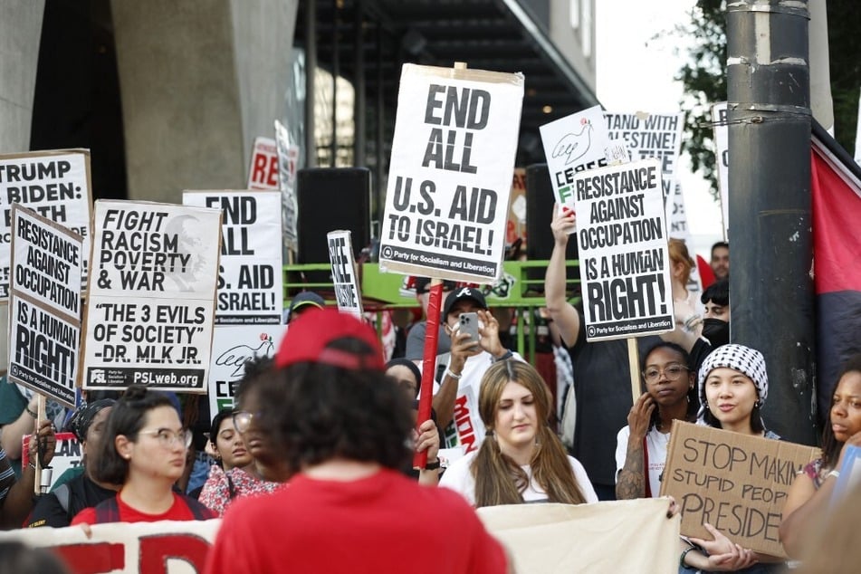 Palestine solidarity demonstrators protest continued US support for Israel during a rally in Atlanta, Georgia.