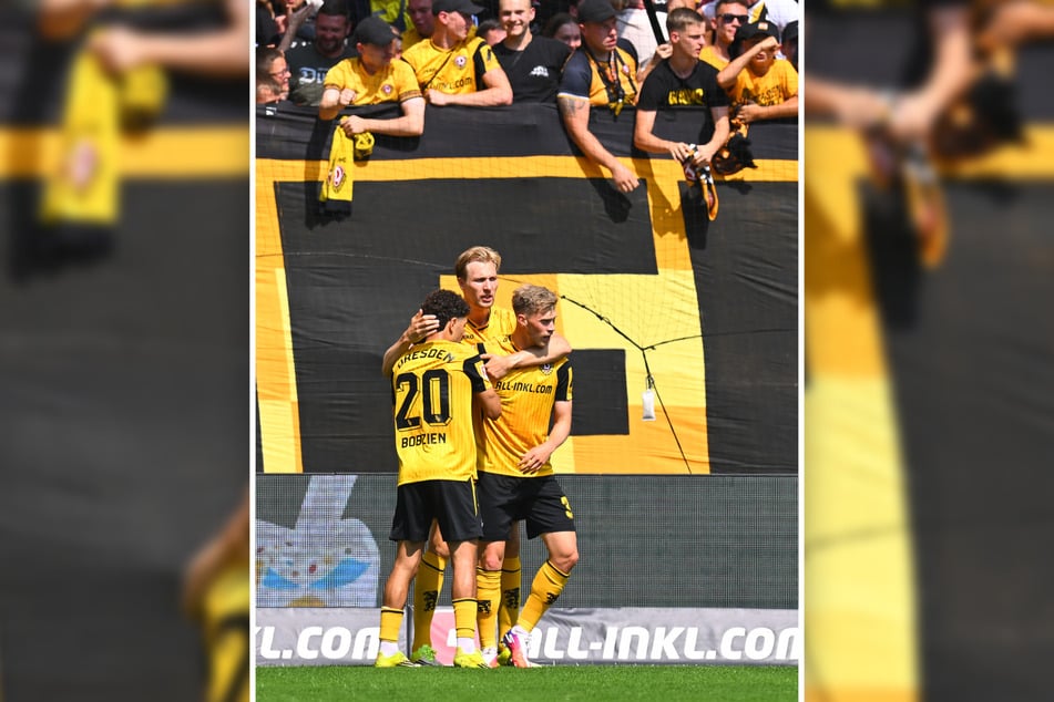 Früher Torjubel: Jonas Sterner (24, r.) traf nach einem schönen Doppelpass mit Vincent Vermeij (32, M.) zum 1:0. Ben Bobzien (23) feierte mit den beiden.