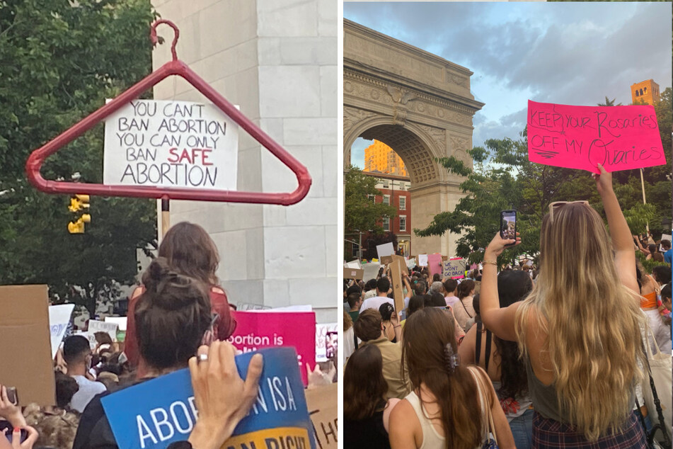 Protestors made signs invoking religious beliefs (r.) and replicating hangers (l.), a signal of unsafe illegal abortion practices.