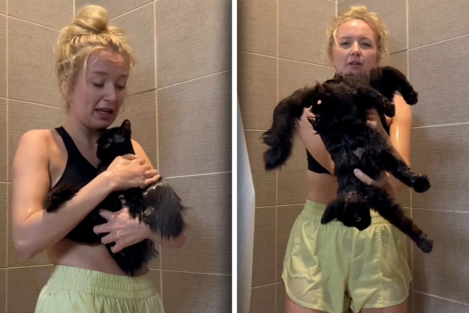 Makayla Brooke (24) macht ihren Kater unter der Dusche nicht nur nass, sie dreht ihn auch hin und her. Kein Problem für das Tier, das sich nicht im Geringsten wehrt.