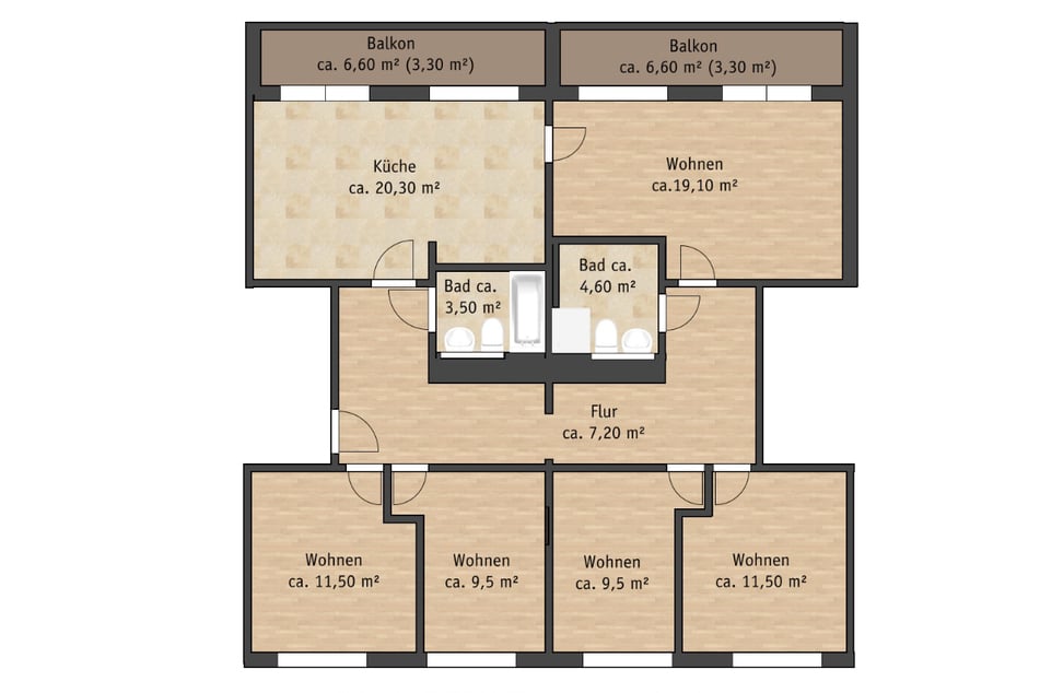 Weitläufige 6-Raum-Wohnung mit zwei Loggias und großer Küche