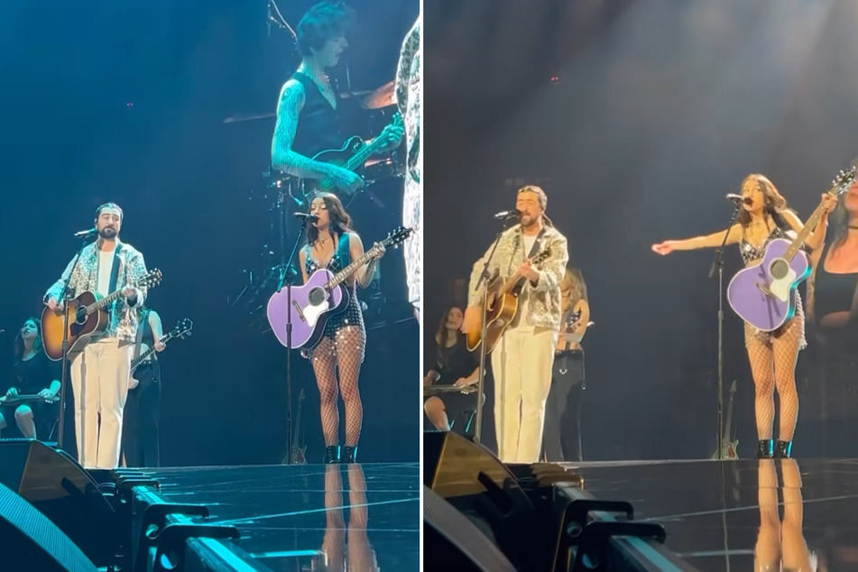 Olivia Rodrigo (r.) sang a surprise duet with Noah Kahan at her GUTS World Tour show on Friday.