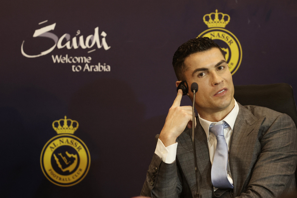 Cristiano Ronaldo participates in a press conference in Riyadh, Saudi Arabia, after his unveiling by the Al Nassr soccer club.