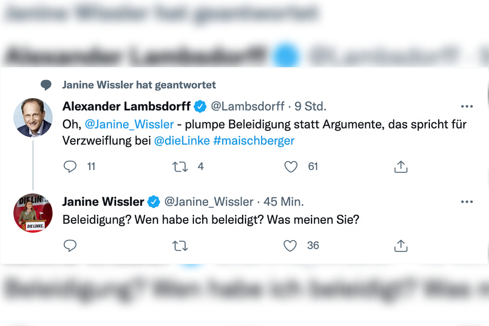 Der Screenshot zeigt den Tweet von Alexander Graf Lambsdorff (54, FDP) und die Antwort darauf von Janine Wissler (40, Die Linke).