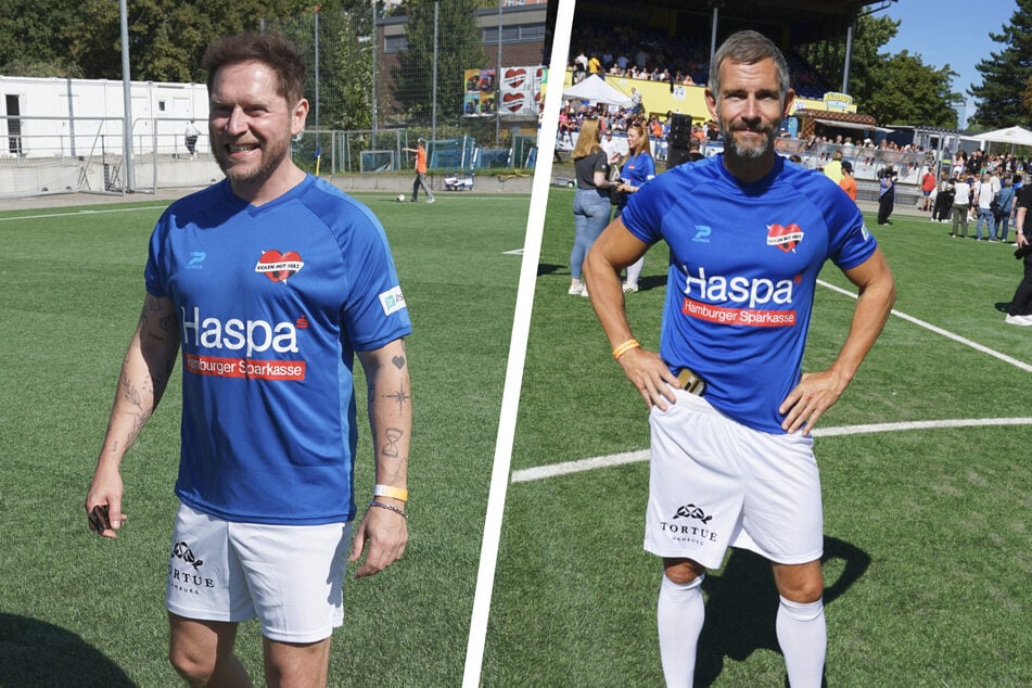 Sänger Johannes Oerding (43, l.) und Moderator Micky Beisenherz (48, r.) waren Teil des Promi-Teams Hamburg Allstars bei "Kicken mit Herz".