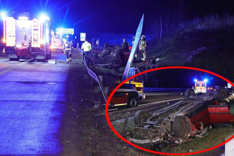 Unfall auf der A4: VW schießt über Leitplanke und landet auf dem Dach