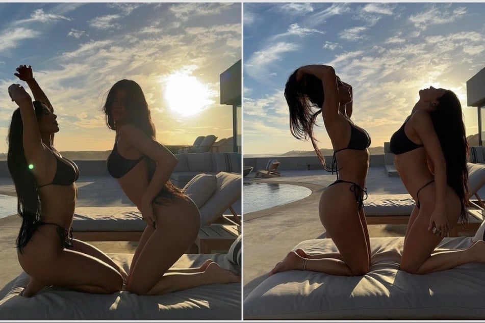 Twinning! Kim Kardashian (l) and Kylie Jenner are poolside hotties in their stunning Instagram snaps.