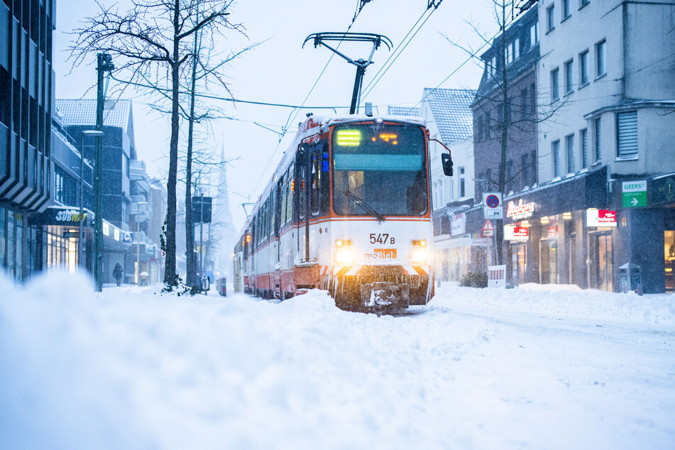Bielefeld: Einzapfen hängen am frühen Morgen an einer liegen gebliebenen Straßenbahn, nachdem es kräftig geschneit hat.