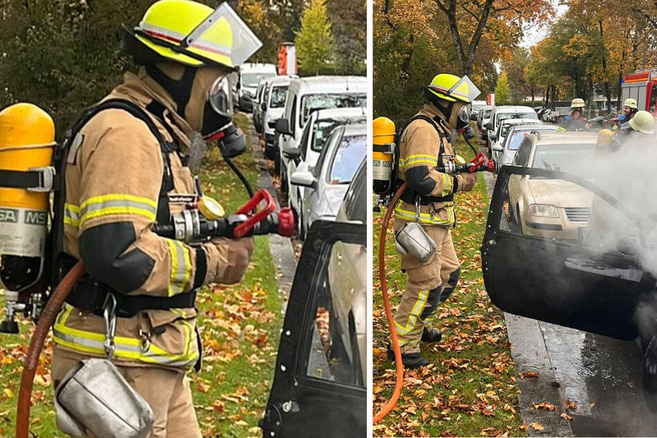 Mit Atemschutz rückten die Feuerwehrleute dem brennenden Twingo zu Leibe.