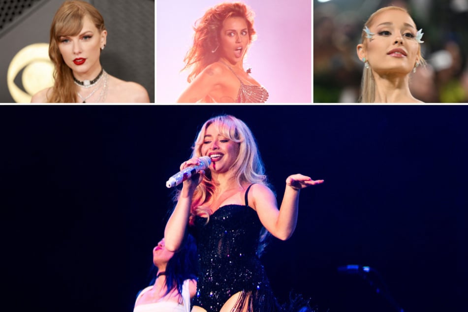 Rising pop artist Sabrina Carpenter (bottom) revealed her childhood crushes included Taylor Swift (top l.), Miley Cyrus (top c.), and Ariana Grande (top r.)