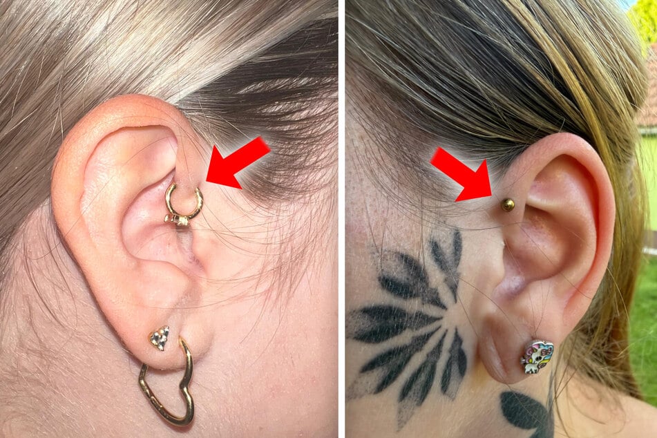 Das Daith-Piercing kann mit unterschiedlichen Schmuckarten getragen werden, beispielsweise als Ring (wie bei Eva, 20, l.) oder als Stecker (wie bei Angie, 30, r.).