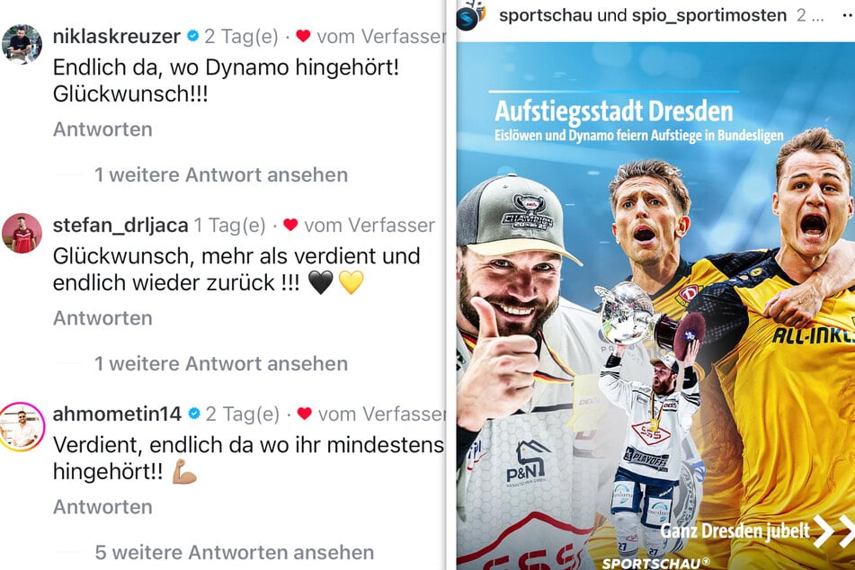 Unter dem SGD-Aufstiegspost kommentierten zahlreiche Ex-Dynamos, die Sportschau widmete Dresden gleich einen eigenen Post.