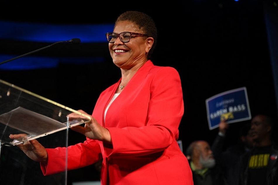 Los Angeles mayoral candidate and US Rep. Karen Bass speaks during an election night party with the Los Angeles County Democratic Party.