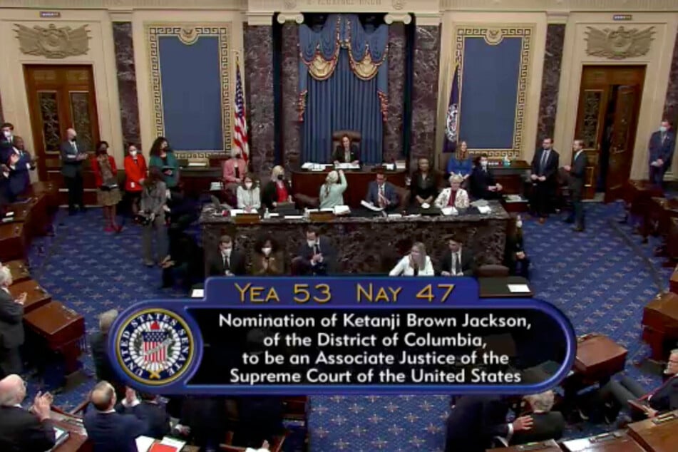 United States Vice President Kamala Harris (c.) announced the vote tally at the conclusion of the US Senate vote on the nomination of Judge Ketanji Brown Jackson to be an Associate Justice of the US Supreme Court in the US Capitol in Washington DC on Thursday. Judge Brown was confirmed by a vote of 53-47.