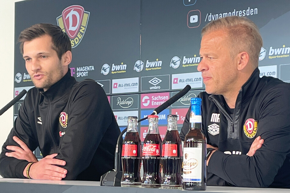 Markus Anfang (48, r.) sprach am Donnerstag auf der Pressekonferenz vor dem letzten Heimspiel der regulären Saison gegen den VfB Oldenburg.