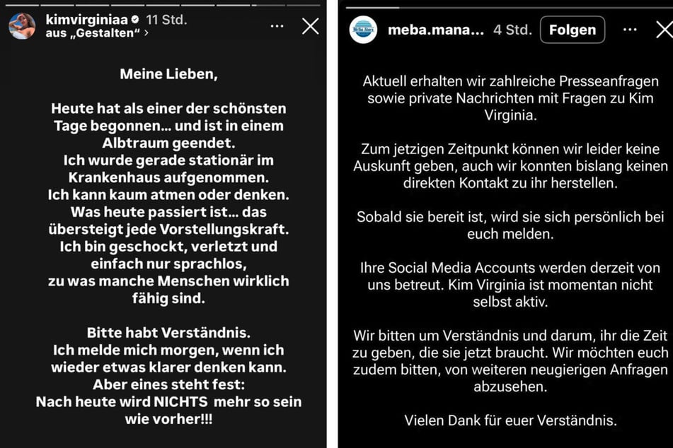 Nachdem Kim Virginia Hartung (30) darüber informiert hatte, dass sie im Krankenhaus liegt (l), meldete sich auch ihr Management zu Wort (r).