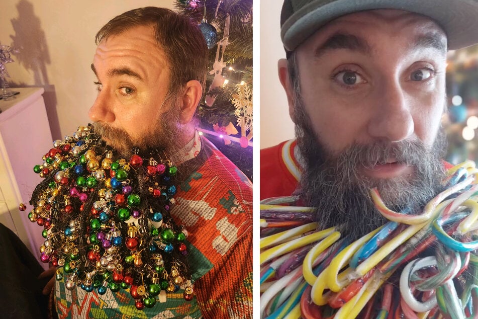 In addition to tree decorations, he also put candy canes in his beard.