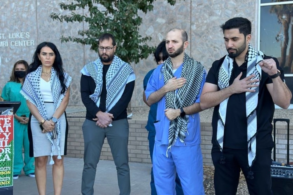 Health care providers gather for a news conference in Phoenix, Arizona, to demand a ceasefire and an end to US complicity in Israel's genocidal campaign in Gaza.