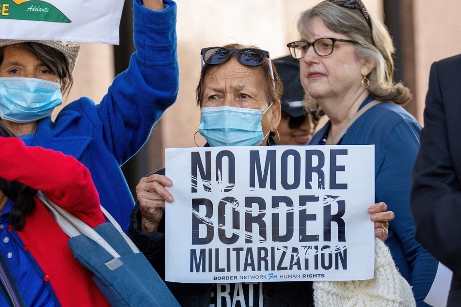 Protesters rally against anti-immigrant measures that are leading to increased militarization of Texas' borderlands communities.