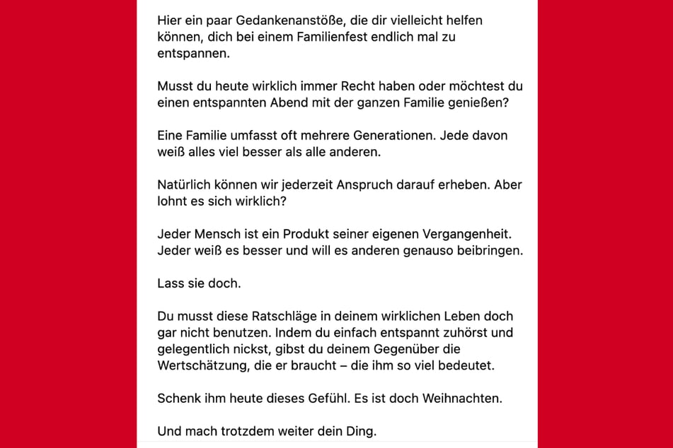 Die 36-Jährige verfasste einen längeren Text, um ihre Strategie für ein friedliches Weihnachtsfest im Kreis der Familie zu erläutern.