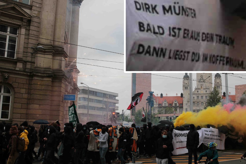 Auf der "Wir sind alle LinX"-Demo trugen Teilnehmende ein Banner mit der Aufschrift "Dirk Münster - Bald ist er aus dein Traum, dann liegst du im Kofferraum".
