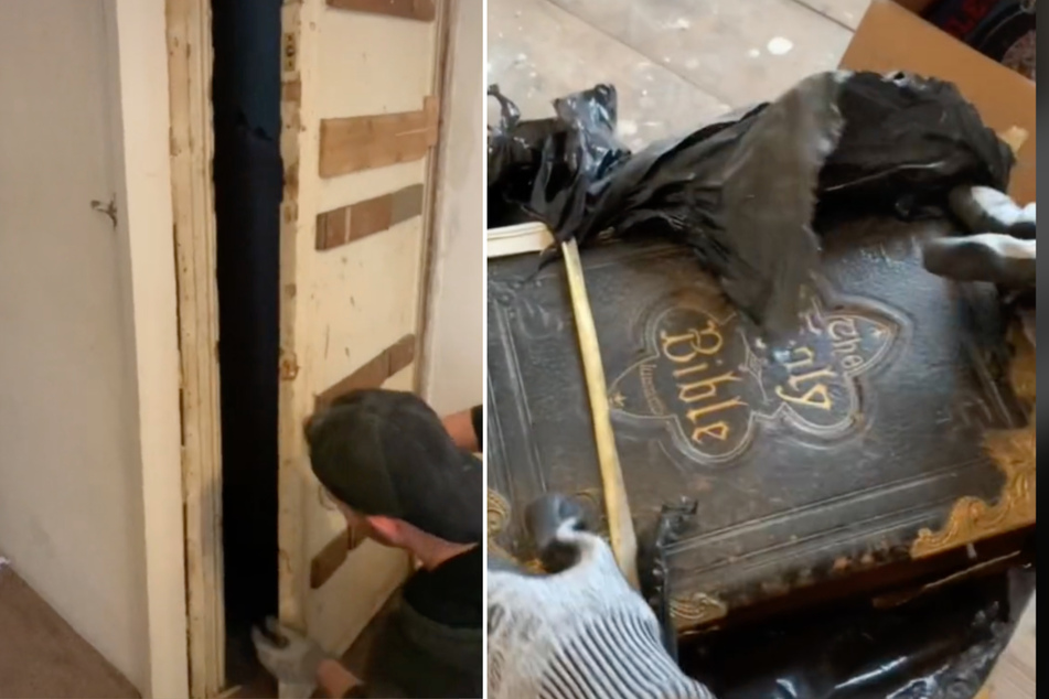 Hinter der Wandverkleidung entdeckte das Paar einen versteckten Raum. Dort war eine Bibel erhängt worden.