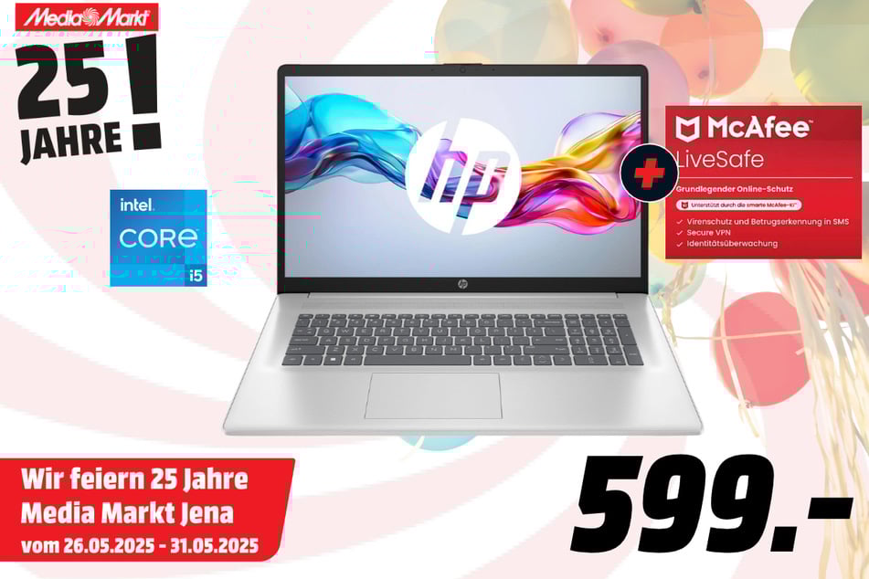 HP-Notebook (inkl. McAfee LiveSafe Attach) für 599 Euro.
