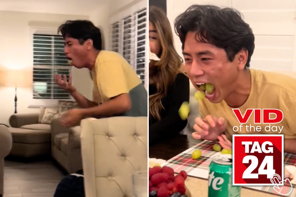 Today's Viral Video of the Day features a man on TikTok who hilariously failed while trying to do the chubby bunny challenge with a ton of grapes.