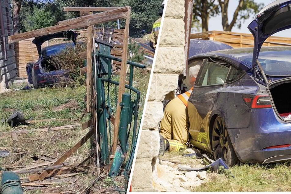 Unfall in Sachsen: Tesla mäht Zäune um und zerstört Hausfassade!