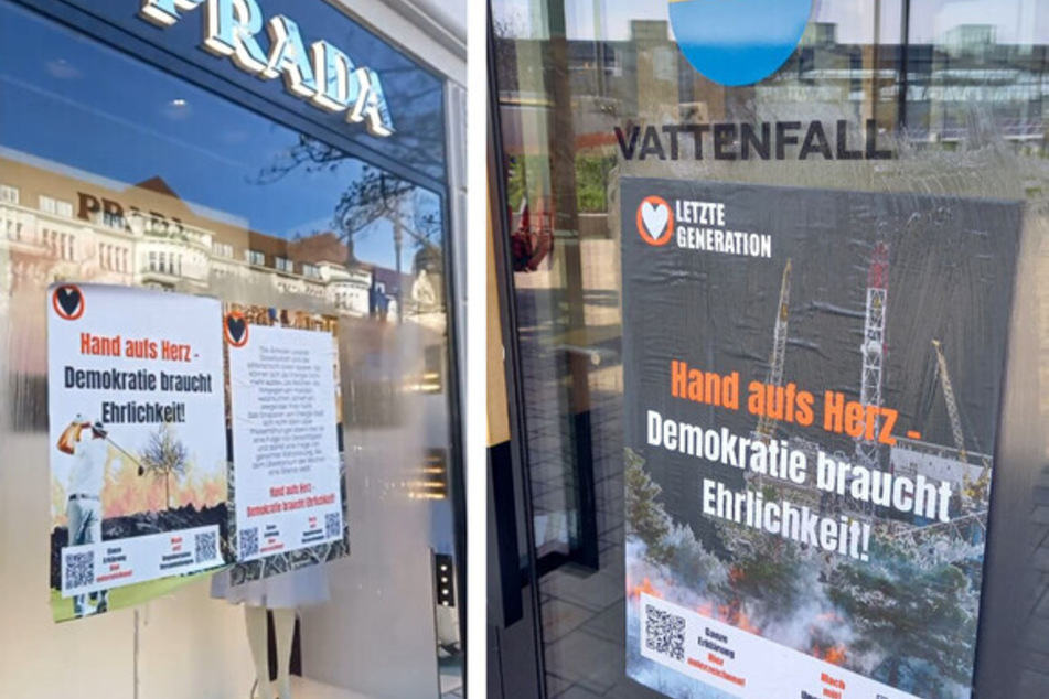 Letzte Generation klebt Fassaden von Prada und Vattenfall in Berlin mit Plakaten zu